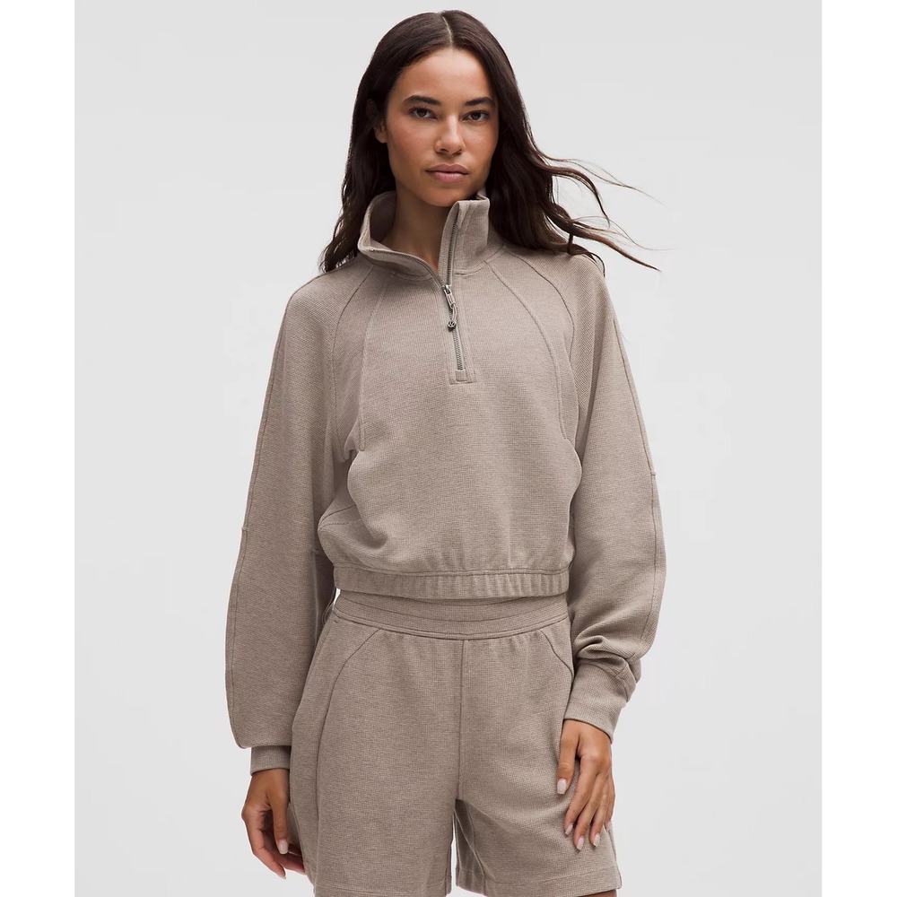 Lululemon Scuba Oversized Half Zip Waffle Knit Pullover Hoodie Taupe Beige S/P